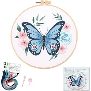 Blue Butterfly Embroidery Kit for Beginners - Complete DIY Stitching Craft Set with Pre-Printed Fabric, Hoop, Threads & Video Tutorial - Ideal for  Decor &  Gifts