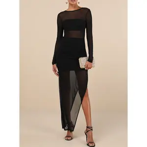 Lulus Alluring Silhouette Dark Brown Sheer Mesh Backless Maxi Dress