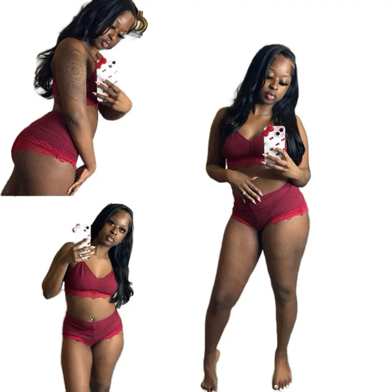 Sexyred Set - Red Lingerie Set with Lace Trim and Heart Pattern