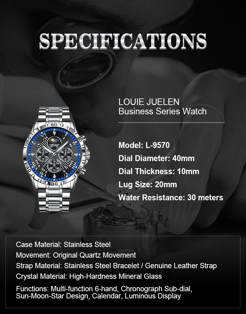 Men's Swiss Elegance Watch,LOUIEJUELEN Commander Series Men's Luxury Swiss Multi-Function Business Watch - Sapphire Crystal, Stainless Steel Bracelet, 42mm Dial, Waterproof, Shockproof, Luminous Display, Ideal for Business & Social Occasions