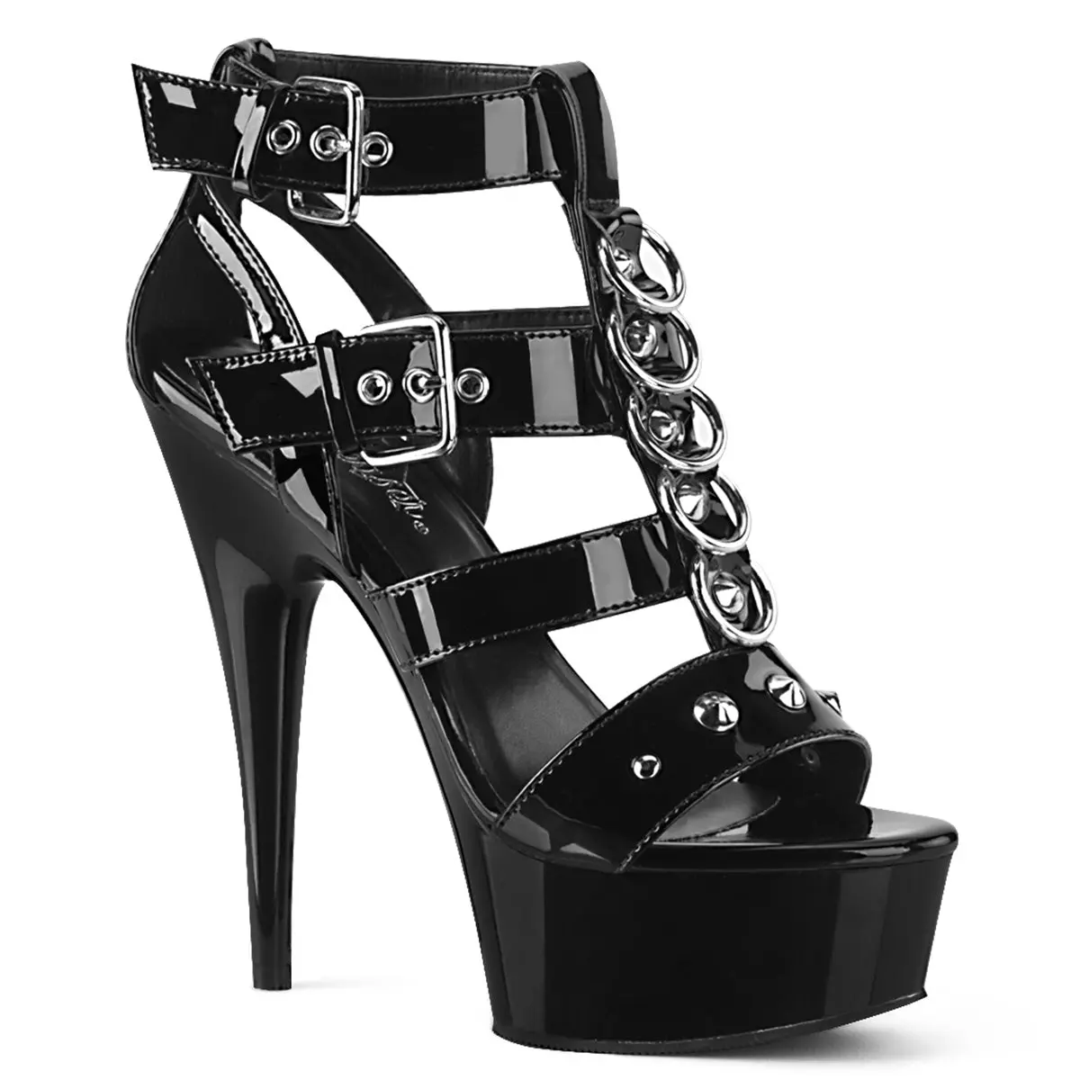Women's Black Patent Leather Strappy T-Strap Platform High Heel Sandals - 6" Heel, Open Toe, Close Back, Metal Rings, Studs, Chic Statement Shoe & Footwear