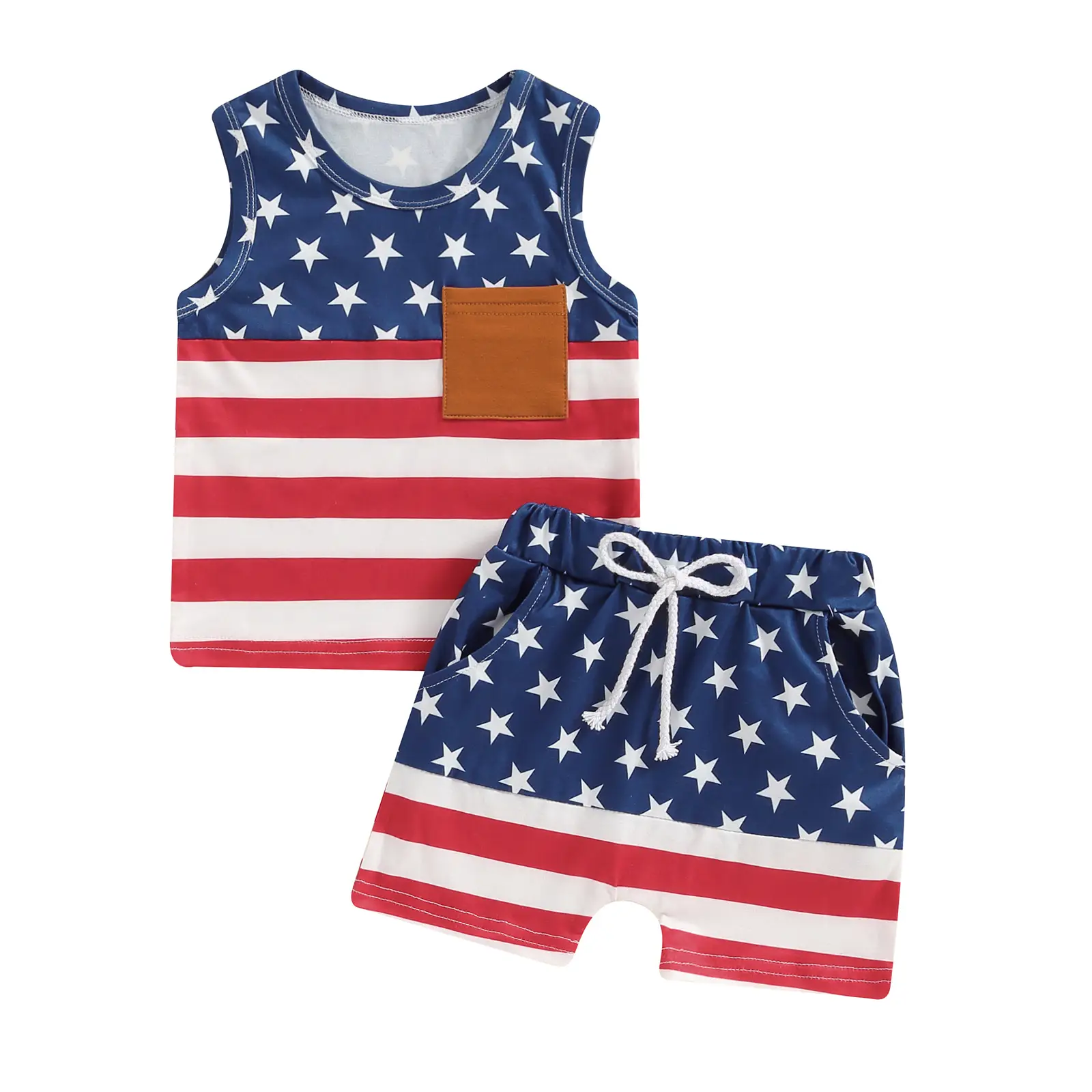 4th of July 2Pcs Toddler Baby Boy Outfit Star Stripes Sleeveless T-Shirt Tank Tops Shorts Set Summer Clothes