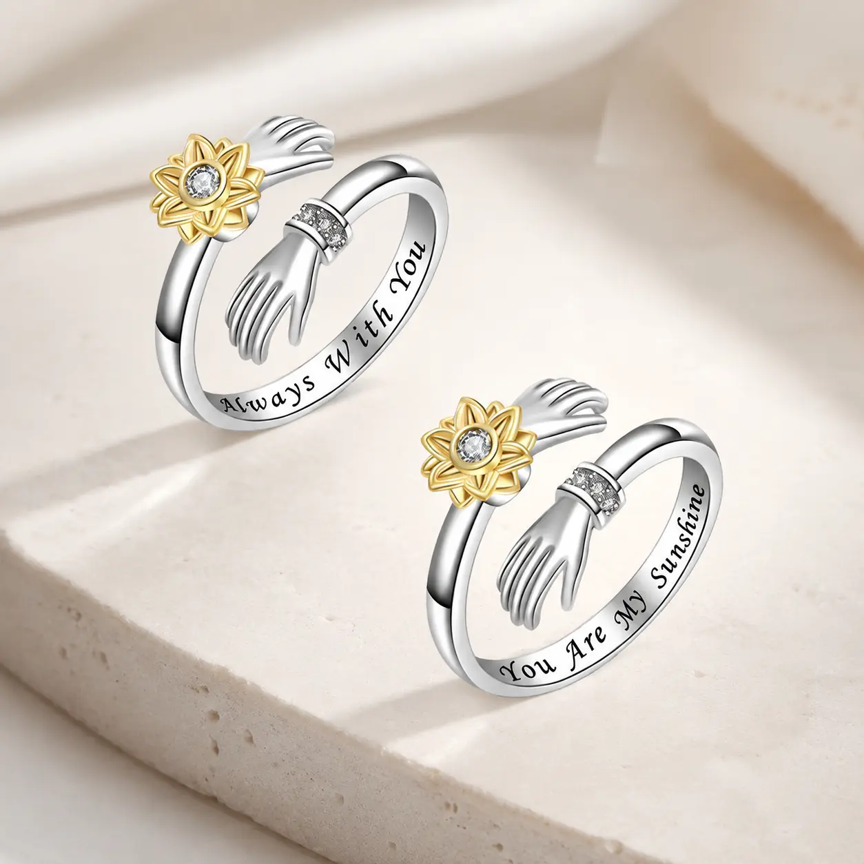 Anti Anxiety Jewelry Anxiety Fidget Ring - Sunflower Kinetic Ring with Holding Hands Element, Stress Relief Costume Accessory from "Always With You & You Are My Sunshine" Series