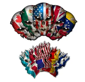 Country Flag Skull Decal Tattered Waving Flags Combo Pack Reflective Eye Skulls Universal Car Sticker, Windshield Sticker