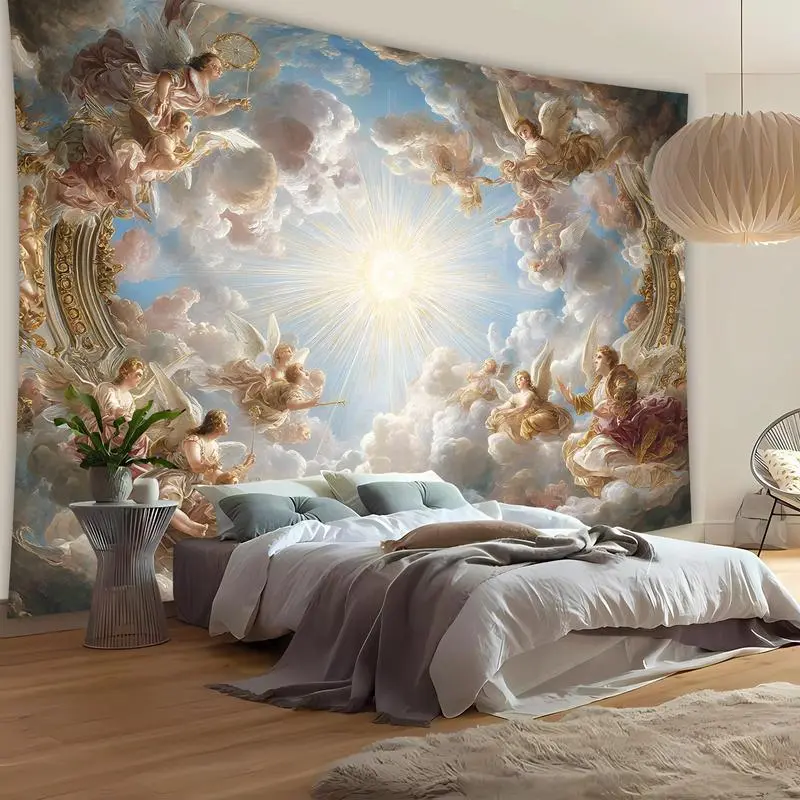 1pc Ultra Large Classical Sun Angel Landscape Tapestry - Premium Polyester HD Digital Print Wall Hanging with Golden Clouds, Cherubs, Wrinkle-Resistant Fabric, Hand-Stitched Edges for Indoors Room Decorations, Decoration - No Installation Needed, Decor Ac