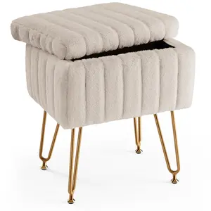 Modern Vanity Stool Chair with Storage, Ottoman for Bedroom Makeup – Soft Faux Fur Seat, 4 Metal Legs, Adjustable Feet, Multifunctional Footstool for Dressing Room Living Room Dorm