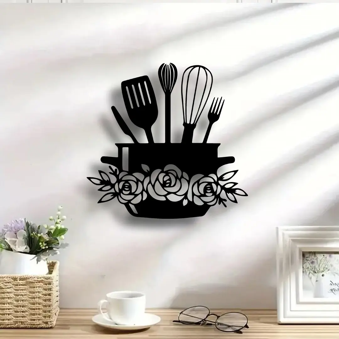 Modern Art Metal Wall Decor for Kitchen, Aesthetic Wall Decor, Indoor Outdoor Room Decoration, Living Room Bathroom Office Hanging Ornament, Silver Color