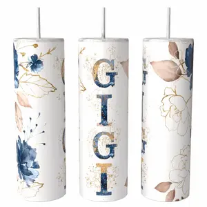 GIGI Floral Gold Leaf  20oz skinny Tumbler Drinkware Insulated Lid Coffee Portable