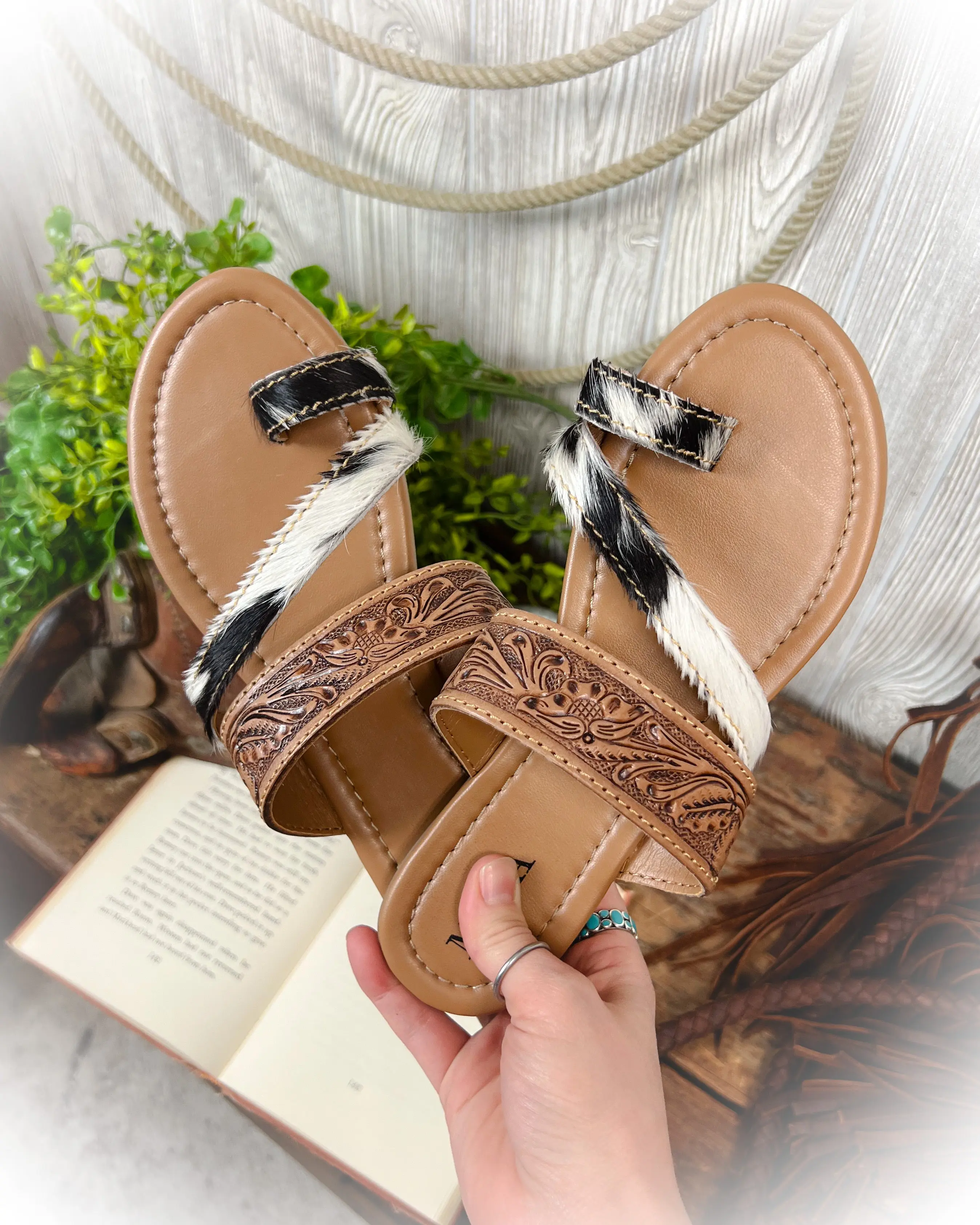 Tooled Leather & Cowhide Western Sandal