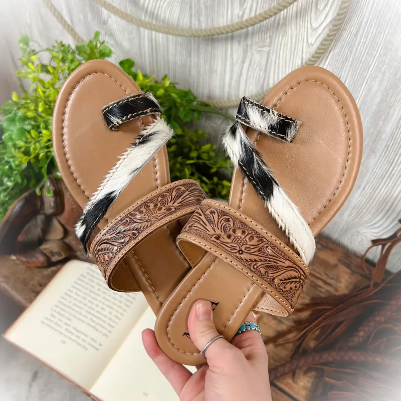 Tooled Leather & Cowhide Western Sandal