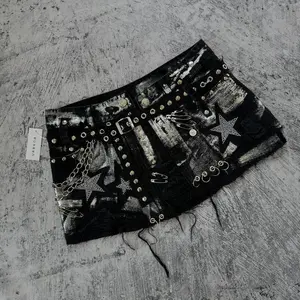 Y2KNewGothicRetroBlackDenimSkirtHarajukuStarGraphicRhinestoneRivetMiniSkirtSexyHotGirlSlimLowWaistHipSkirts