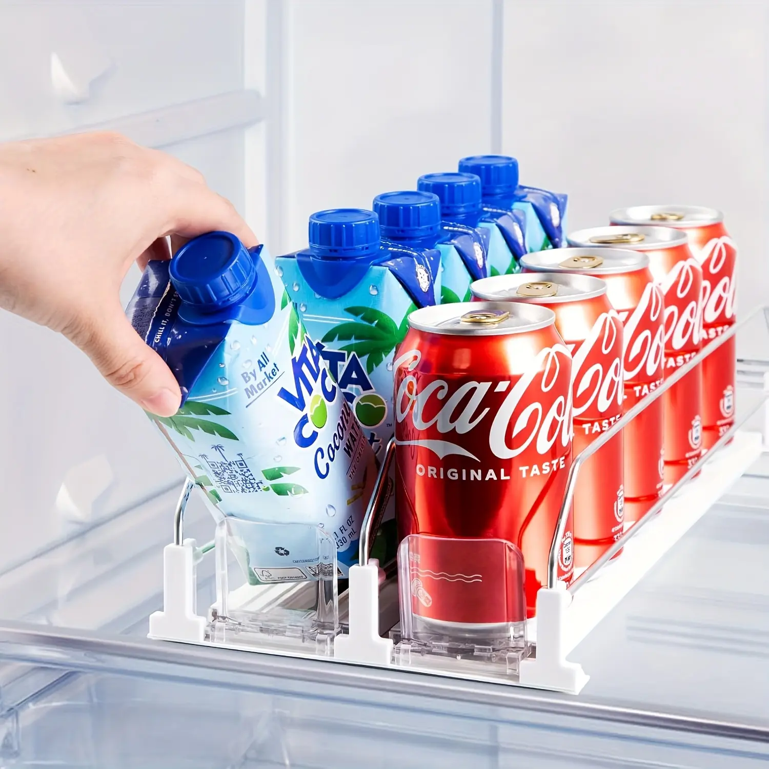 Refrigerator Drink Storage Box with Automatic Pusher Adjustable Transparent Dividers, Holds 15 Cans, Organizer Rack for Soda Bottles, Refrigerator Accessories, Stackable Fridge Organizer, Fridge Organizers and Storage