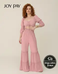 JOYPAY Chic Pink Ruched Two-Piece Set Flared Pants & Smocked Crop Top for Effortless Style Women's Fashion   YM075