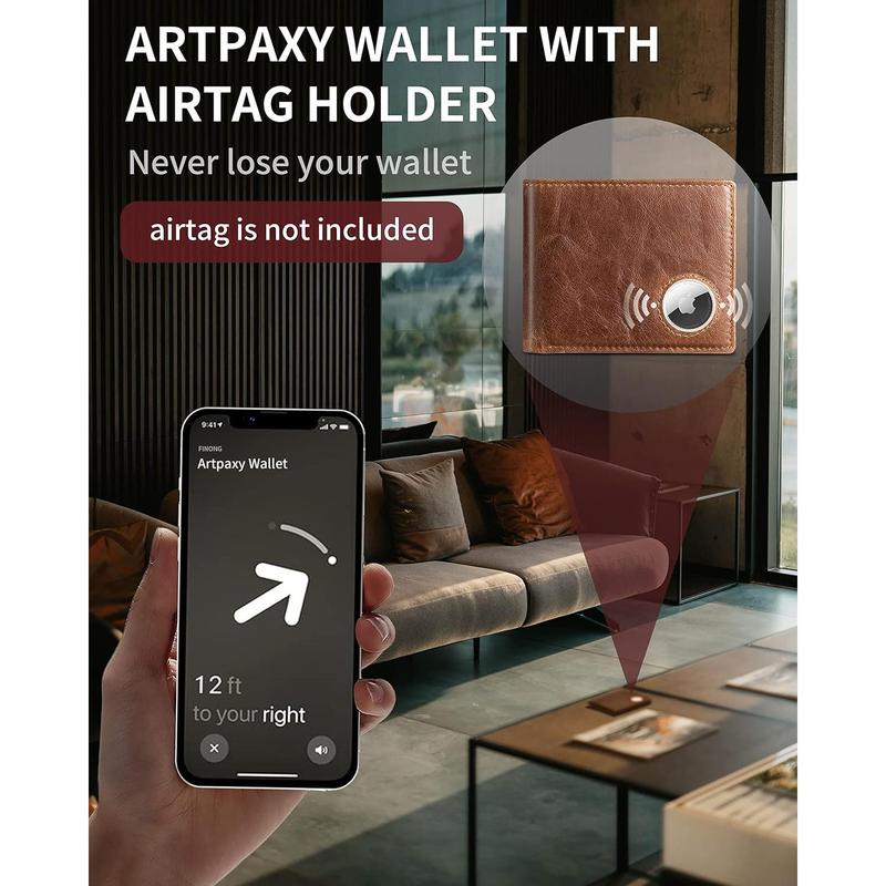 Mens Wallet With AirTag Holder, Bifold Leather RFID Blocking 1-2 ID Windows 12-13 Card Holders, Gift Box and Screen Protector Included, AirTag Not Included