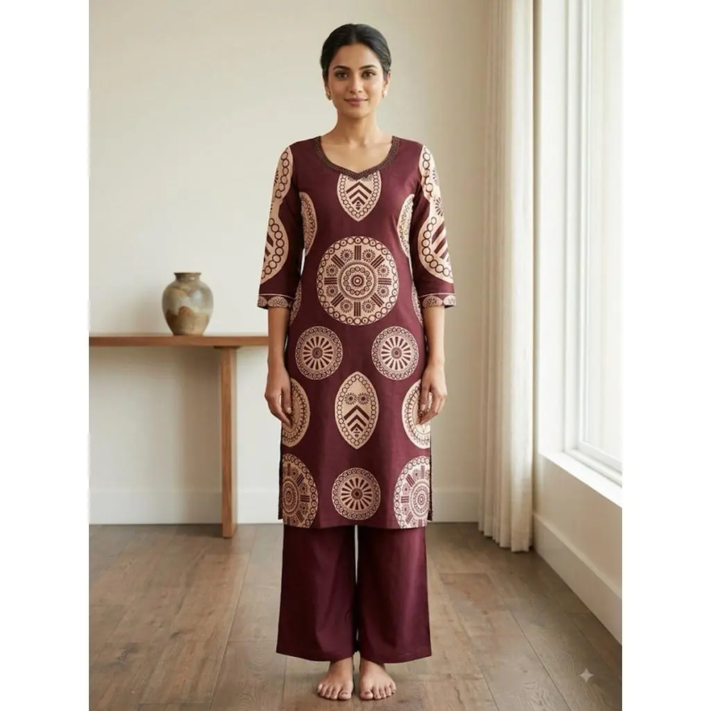 Women's Elegant Maroon Geometric Print Kurta Set V-Neck 3/4 Sleeve Tunic Top & Wide Leg Palazzo Pants Casual Ethnic Wear Two-Piece Outfit Size L-40" XL-42" XXL-44"