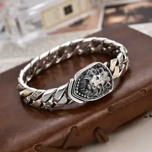 Men's Oxidized Silver Lion Head Cuban Link Bracelet - Retro Vintage Biker Jewelry  Vintage Lion Head Curb Chain Bracelet - Antique Silver Plated Chunky Men's Wristband
