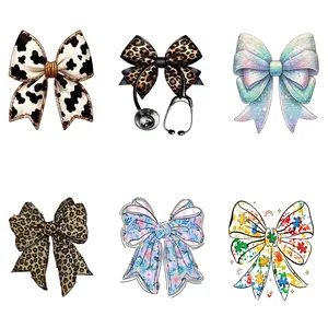 6pcs Bow Design Heat Transfer Stickers, Leopard Print Iron-On Patches for Clothing, T-Shirts, Canvas Bags, Shoes