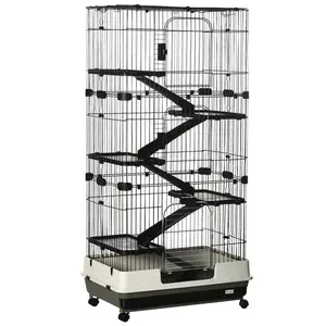 PawHut 60" Small Animal Cage with Wheels, 6-Level Portable Bunny Cage, Chinchilla Ferret Cage with Removable Tray, Platforms and Ramps, Black