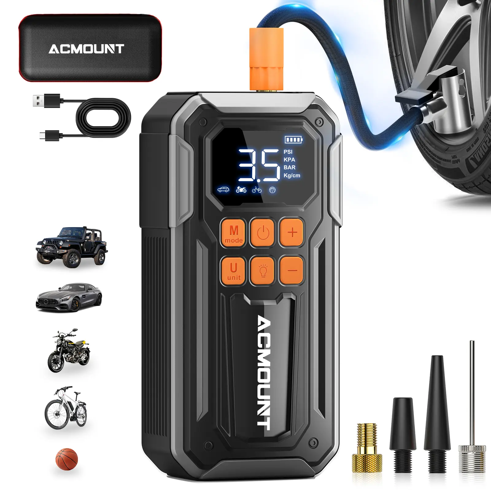 【 3X Faster Inflation】ACMOUNT 160PSI Cordless Tire Inflator with 10000mAh Power Bank | 5 Modes, Large Cylinders, 3 LED Lights & Portable Air Compressor for Car Tires, Bikes, Sports Gear