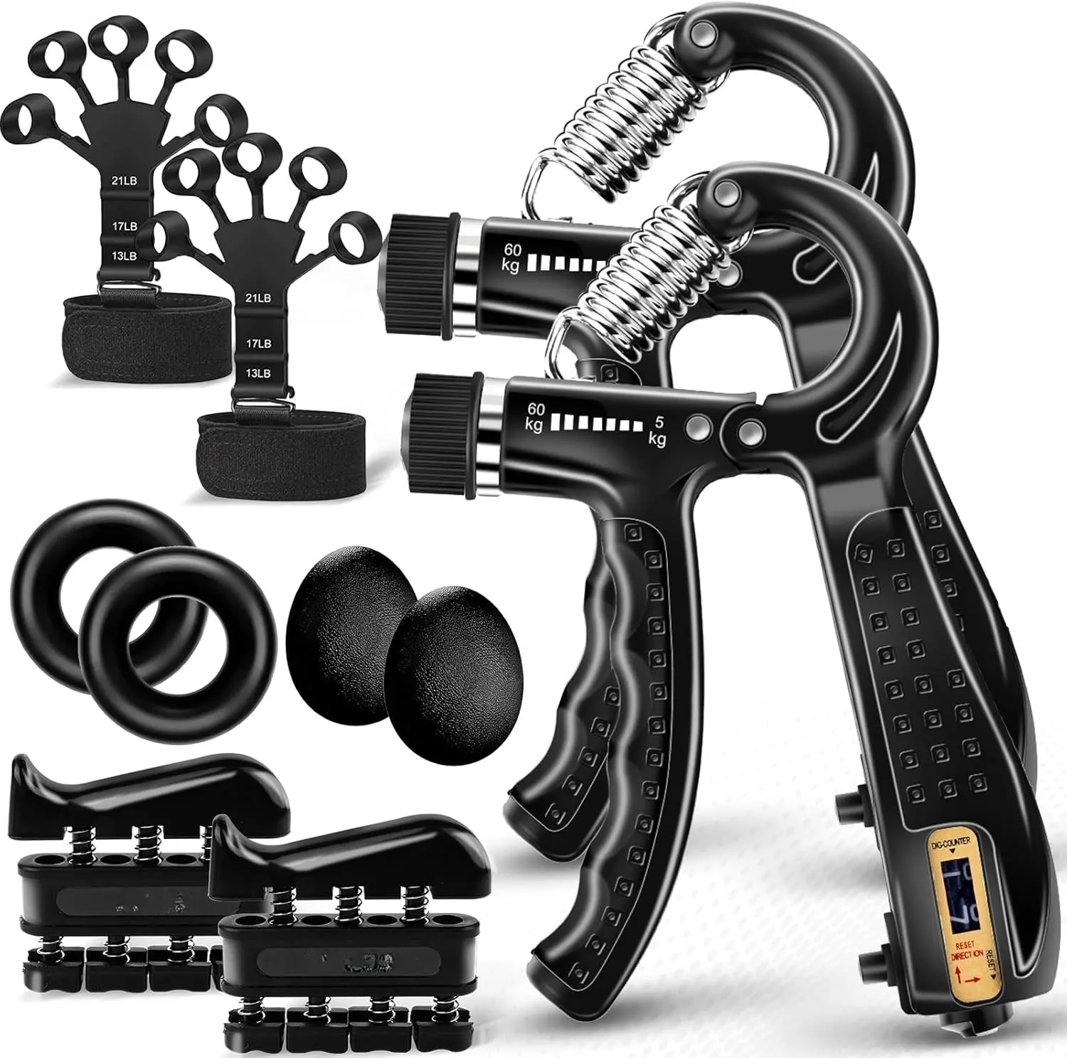 Ergonomically Designed A-Shaped Adjustable Portable Grip Strengthener - 11lbs to 132lbs Tension, 4lbs on Each Finger, 50lbs Option, Stress Relief, Physical Therapy Strength Training Fitness Equipment