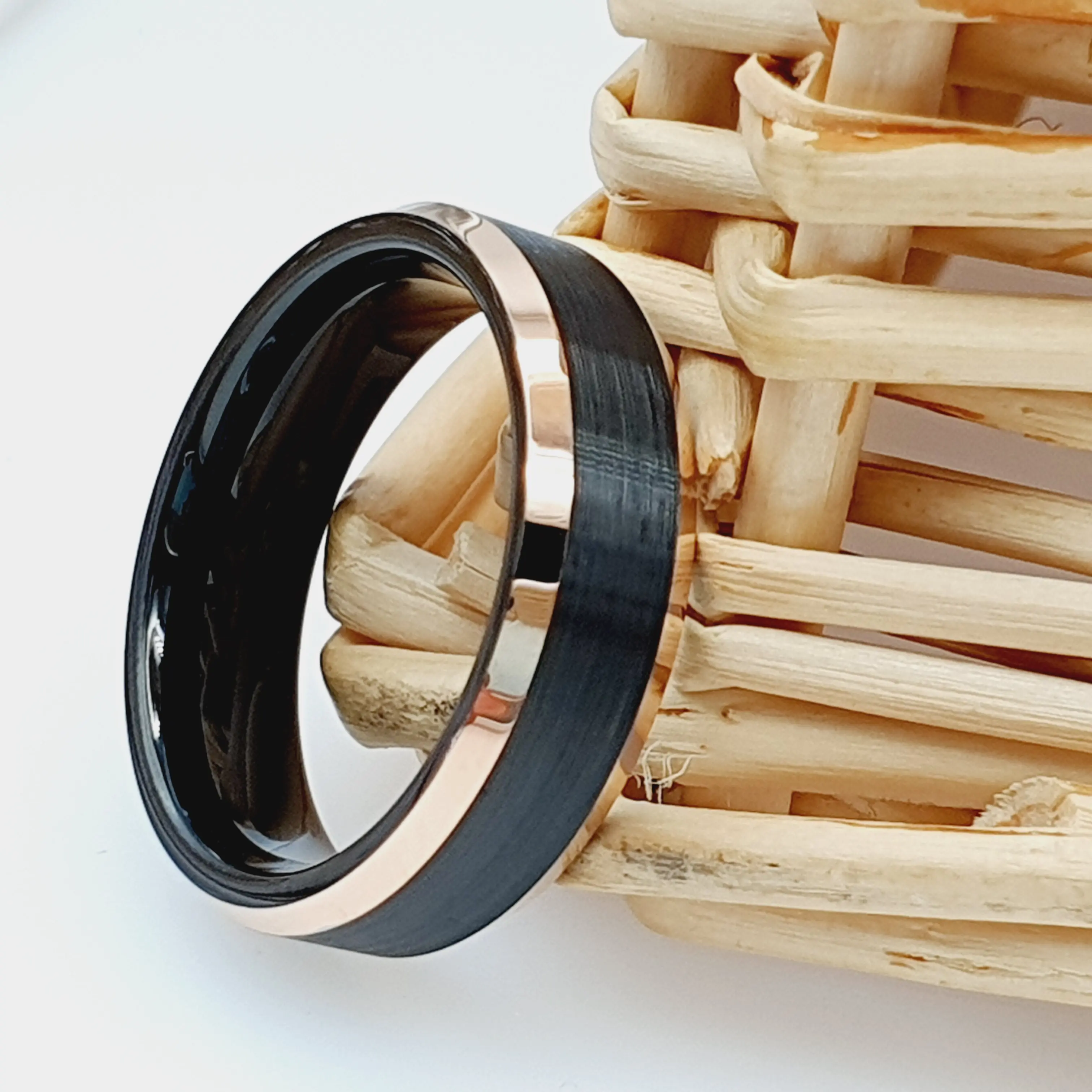 Men's Tungsten Wedding Band, Black Rose Gold Tungsten Ring, Handmade Personalized Ring, 6 mm
