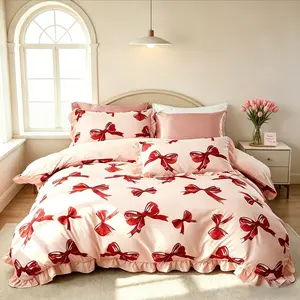 3-Piece Bow Print Duvet Cover Set with Ruffle Trim​ – Includes 1 Duvet Cover (No Filling) + 2 Pillowcases (No Filling). Fashionably Cozy, Ideal Gift, Soft And Skin-Friendly, Suitable For All Seasons.