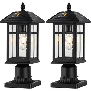 Solar  Lights 2 Packs,   Lantern with Pier Mount Base, Aluminum  Lamp Warm White Bulb Included for Yard Garden Pillar Pole Pathway