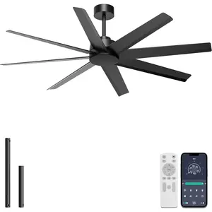 60'' Ceiling Fan No Light - Modern Black 8  Ceiling Fan Remote/APP Control, DC  Outdoor Fan for Covered Patio, Living Room, Shop, Garage