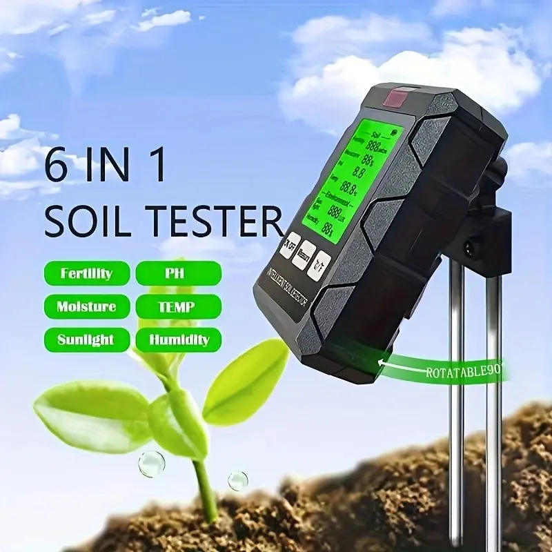 6-In-1 Smart Soil Tester, Tool, Abs Outdoor Garden Soil Detector with LED Display, Measures Humidity Temperature Fertility Ph Value, Battery Powered, Soil Test Meter