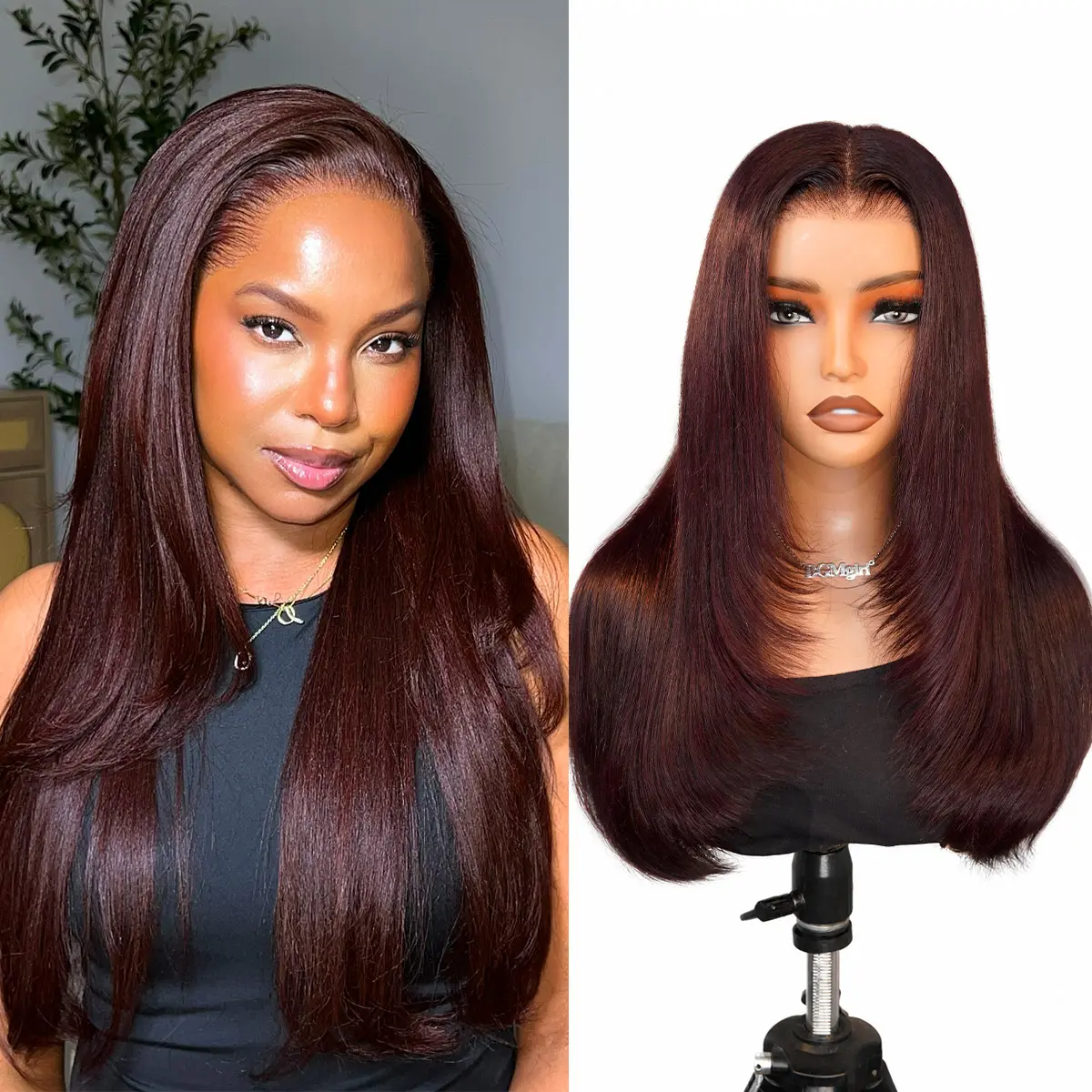 OQ HAIR Blackcurrant Brunette 7x5 Layered cut Straight Glueless Wig Human Hair Dark Burgundy Color Pre Bleached Tiny Knots Wear Go Wig Beginner Friendly
