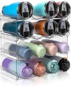 Stackable Water Bottle Organizer, Large Compartment Water Bottle Holder, 4 Tier Clear Water Bottle Organizer for Cabinet, Bottle Rack for Kitchen Organization and Storage - Hold 16 Bottles spospo