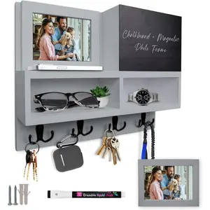Key and Mail Holder for Wall with Chalkboard -  Picture Frame Key Holder Wall Mount, Cool Grey with Subtle Blue Undertone, Dual Storage & Cupboards
