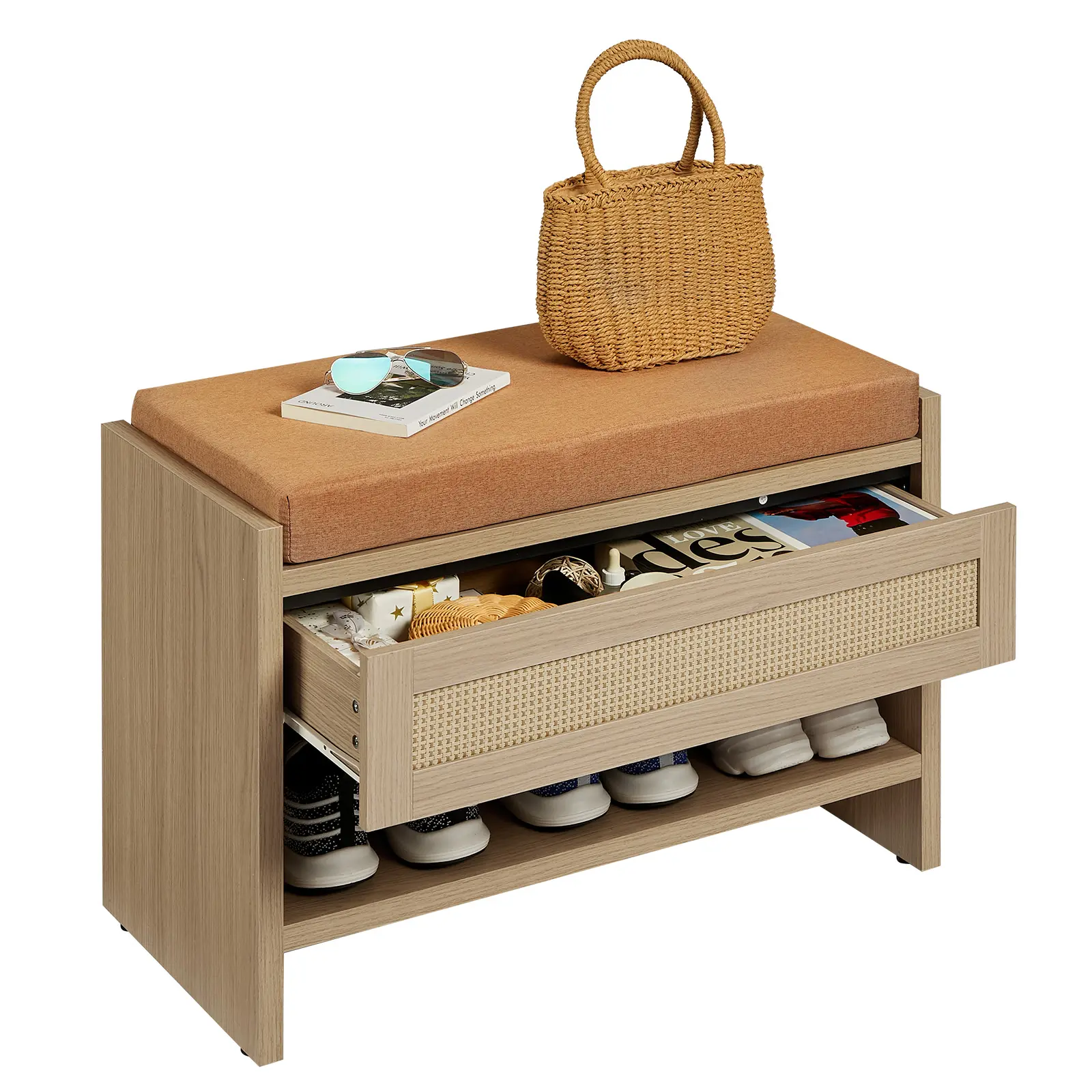 31In  Rattan Entryway Shoe Bench with Storage Drawer & Padded Linen Seat – Farmhouse Wicker Bench Organizer for Hallway, Front Door & Bedroom,
