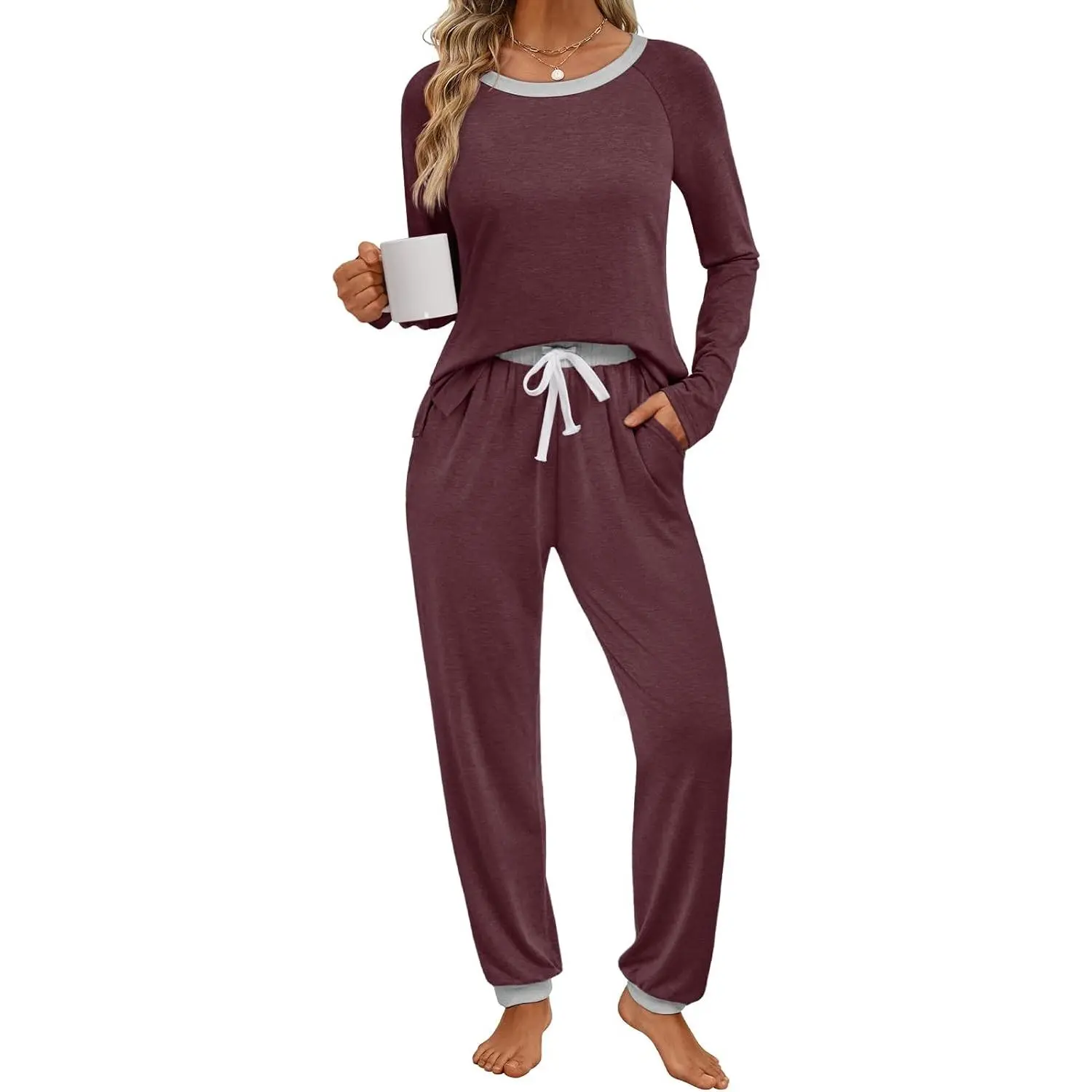 Women's 2-Piece Matching Pajamas Sets - Warm Long Sleeve Nightwear Clothes, Elastic Stretchy Fall Winter Casual Sleep Loungewear Outfits 2026, Fabric, Comfy, Rayon, Pajama Set, Soft, Longsleeves