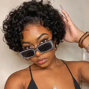 Pixie Cut Wig Human Hair 6 inch Short Curly Human Hair 13X1 Transparent Lace Wig Plucked and Bleached Knots Wigs For Black Women