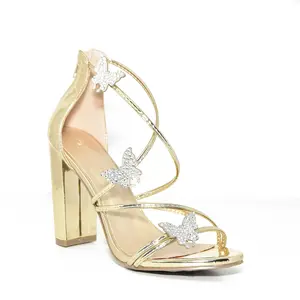 Wild Diva MORRIS-606 Strappy Rhinestone Butterfly Applique Open Toe Chunky Block Heels