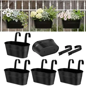 Metal Railing Planters for Outdoor Plants - 5 Pcs Balcony Hanging Flower Pots with Detachable Hooks & Drain Holes, Windowsill Oval Hanging Bucket Pots Fence Planters for Garden Home Decor, Black