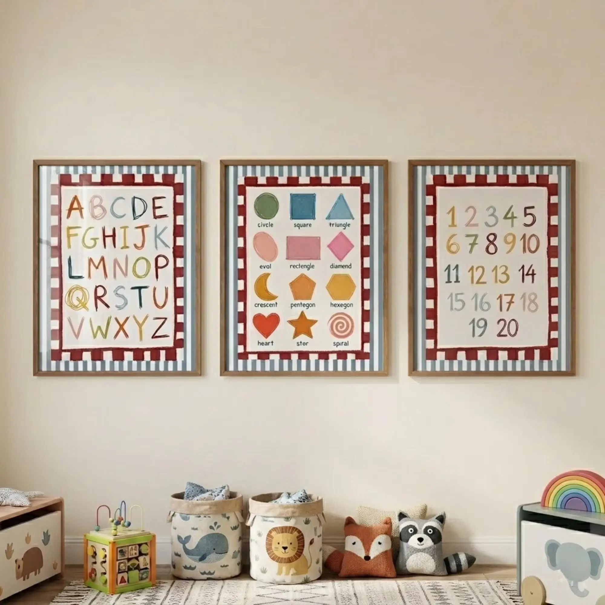 Set of 3 Educational Nursery Alphabet Prints: Numbers, Shapes Chart, ABC Poster, Colorful Kids Room Art, Montessori Playroom Prints