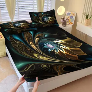 3Pcs Abstract Fractal Swirl Fitted Sheet Set No Fillers, Teal Gold Marble Bed Sheet Set, Modern Luxury Soft Bedding Set with Pillowcases, Deep Pocket Bedding for Men Women Bedroom Guest Room