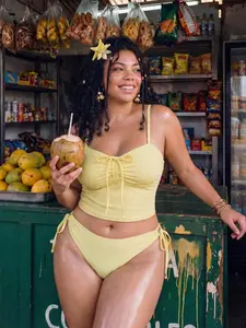 LAMIKA Plus Size 2-Piece Women Sexy Elegant Pale Yellow Spaghetti Strap Bikini Set, Ruched Front Bow Tie Bikini Top