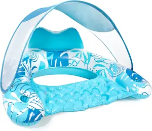 Sloosh Pool Floats with Canopy Adult, XL Pool Lounge Chairs with Cup Holders,Floating Pool Chair for Adults,Inflatable Pool Floats with Headrest for Pool Party Summer Water FunBlue, Large