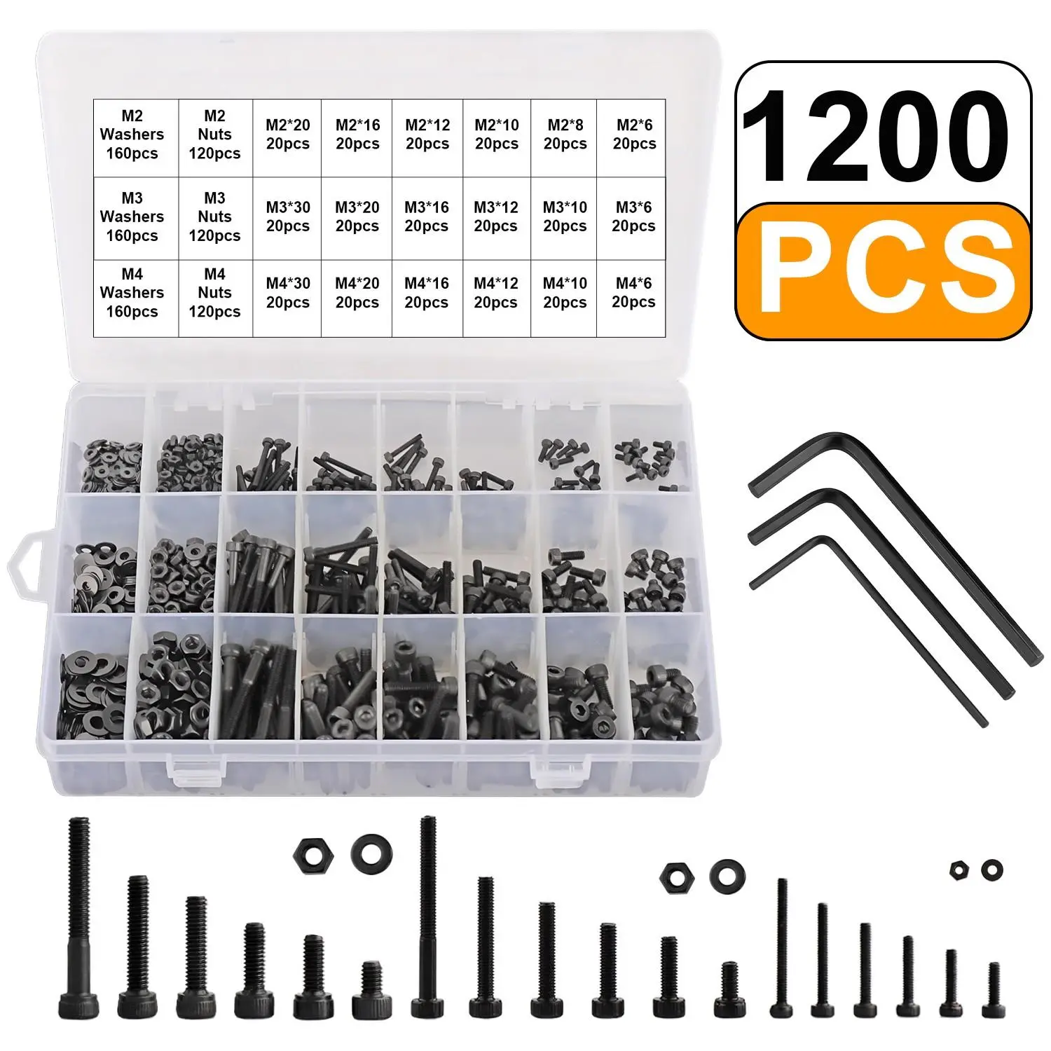Tech Desk Setup Essential 1200Pcs Black M2 M3 M4 Hex Socket Cap Screws Bolts Nuts Assortment Kit Metric Fasteners 3D Print Custom PC Build