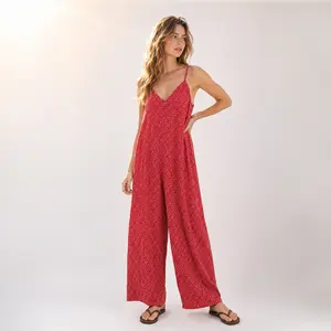 Women's V-Neck Spaghetti Strap Jumpsuit Flowy Geometric Print Wide Leg Cami Jumpsuit