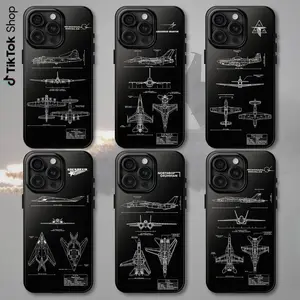 US Military Fighter Jets Blueprint Phone Case, FA-18E Super Hornet, B-17G Flying Fortress, F-14D Tomcat, F-16C Block 52, F-117A Nighthawk, P-51D Mustang Strike, Dual Layer Shock Absorbent Protective Cover For iPhone 17 16 15 14 13 12 11 Pro Max
