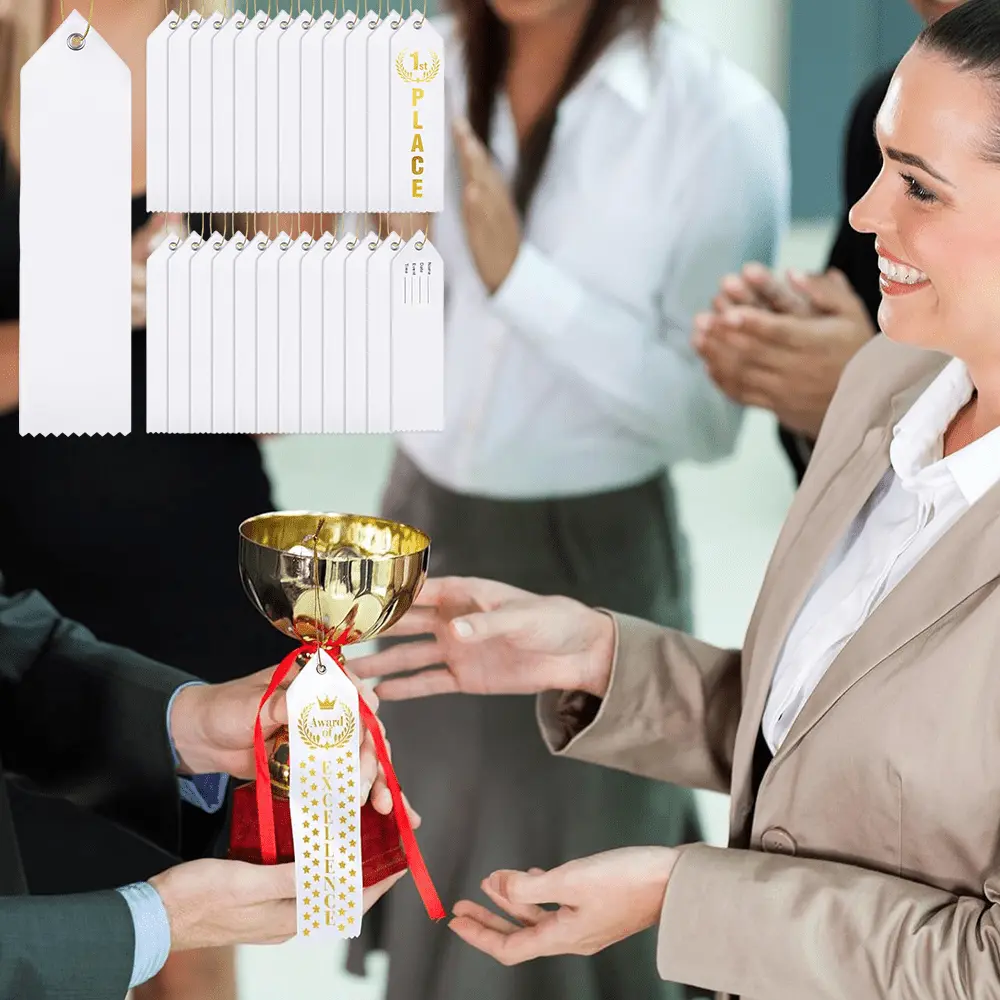 36 Pieces Classic Blank Customizable DIY Award Ribbons with Gold Rope (20 x 5 cm/7.87 x 1.97 inch) - Card Attached, Ample Personalization Space, Eye-Pleasing, Fits 1st-2nd Place Recognition, Ideal for Competitions, Personalize Text