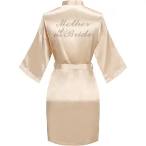 Women's Short Satin One Size with Silver Rhinestones Bride Bridesmaid Kimono Robes for Wedding Party Getting Ready Bathrobes