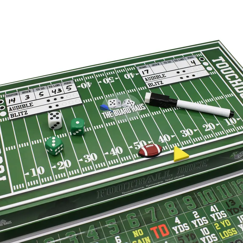 The Board Haus Football Dice Board Game with Detailed Stats Chart for Up to 6 Players Includes Board, 3 Dice, Football Marker, First Down Marker, Dry Erase Marker, and Instructions
