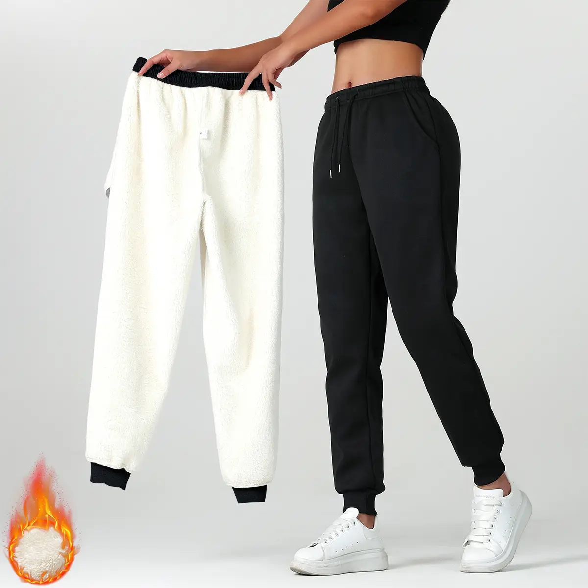 Women’s casual long pants, fleece-lined warm leisure sports pants with an elastic waistband and drawstring, slanted pockets, windproof and insulated, suitable for winter at home and outdoor walking; women’s long pants, womenswear.