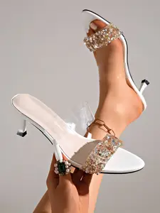Summer Transparent High Heel Sexy Party Sandals, Women's Colorful Rhinestone Pointed Toe Stilettos, Formal Occasions and Parties, Glitter Decorated Sandals, High Heeled Sandals, Dressy Sandals