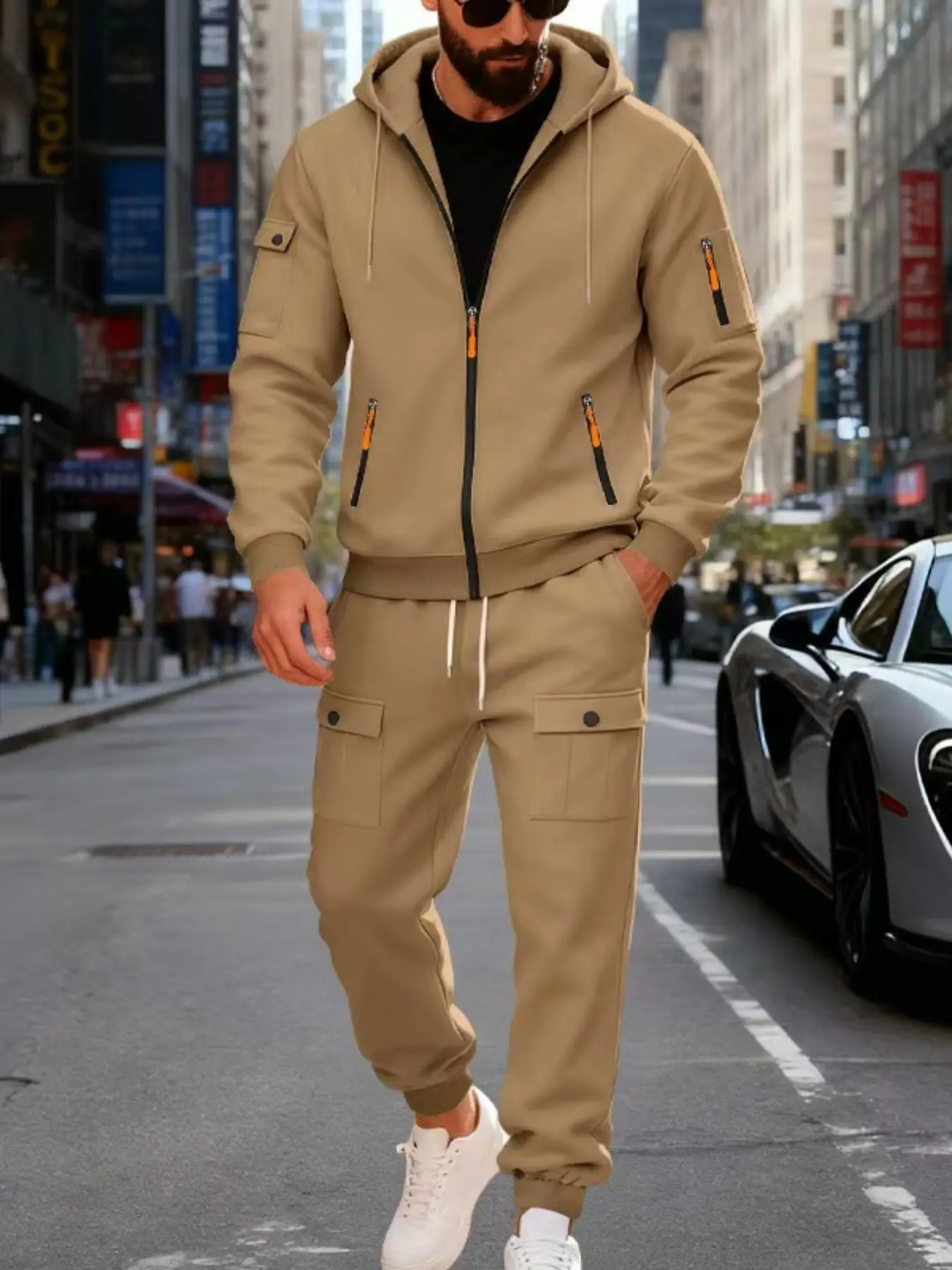 fall outfits Men's autumn and winter hooded sweatshirt and sweatpants set, with a zipper jacket and tapered pants. The multi-pocket design is both practical and stylish. The casual and sporty style makes it easy to create a trendy man look.